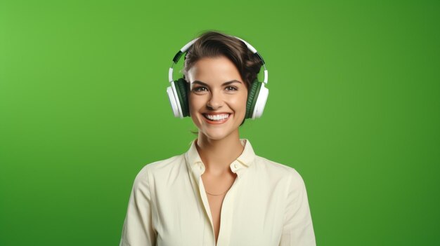 Una joven hermosa escuchando música sonriendo riendo de felicidad en un fondo verde