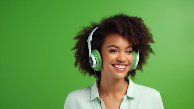 Una joven hermosa escuchando música sonriendo riendo de felicidad en un fondo verde