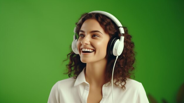 Una joven hermosa escuchando música sonriendo riendo de felicidad en un fondo verde