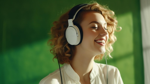 Una joven hermosa escuchando música sonriendo riendo de felicidad en un fondo verde