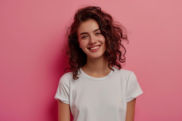 Foto una joven hermosa y feliz adolescente sonriente en una camiseta blanca sobre un fondo rosa mira a la cámara