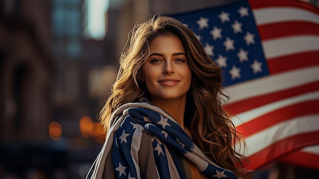 joven hermosa en el fondo del festival de la bandera de los Estados Unidos