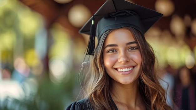 Una joven hermosa con una gorra de graduación sonríe alegremente mientras mira a la cámara