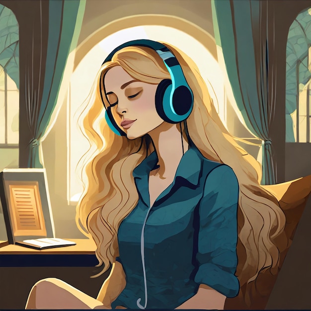 Una joven hermosa en una habitación escuchando música desde sus auriculares