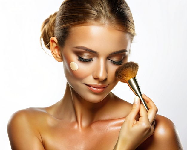Foto una joven hermosa haciendo maquillaje con un bronceador mate para un brillo hundido