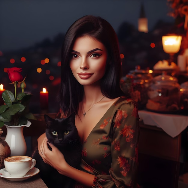 Una joven hermosa con un hermoso vestido de noche se sienta con un gato en la colina y bebe café