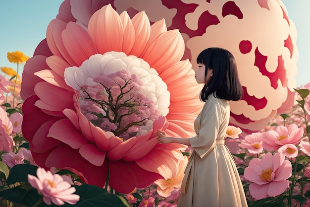 Una joven y hermosa japonesa interactúa con flores ai generativa.