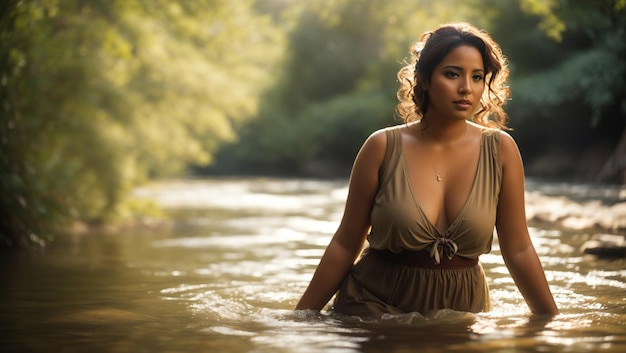 y una joven hermosa lava su ropa en el río con jabón y agua