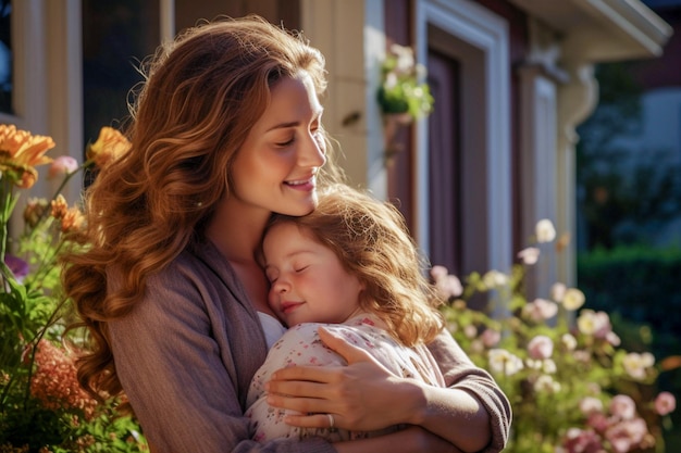 Una joven y hermosa madre abraza a su pequeña hija con ternura y amor.