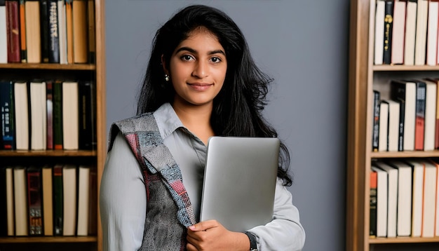 Joven y hermosa maestra india de mediana edad con una computadora portátil
