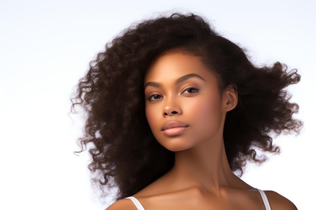Joven hermosa modelo afroamericana con pelo largo y rizado negro primer plano sobre fondo blanco Copiar