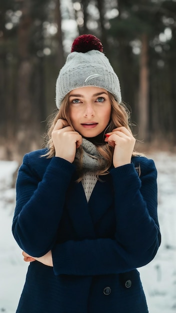Joven y hermosa modelo posando en el bosque de invierno elegante retrato de moda