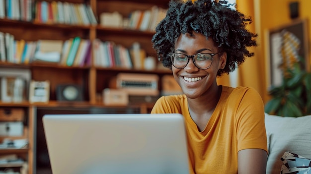 joven y hermosa mujer africana usando una computadora portátil en la oficina de su casa