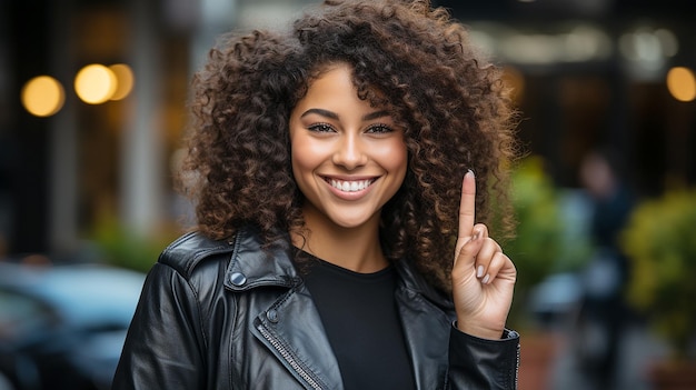 Joven hermosa mujer afroamericana afro con cabello rizado mostrando y señalando con el dedo