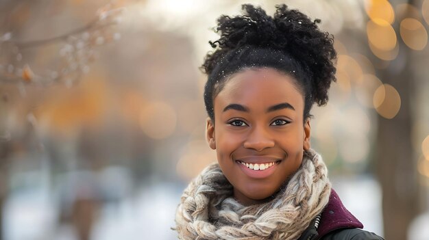 Joven y hermosa mujer afroamericana sonriendo con una bufanda en el invierno