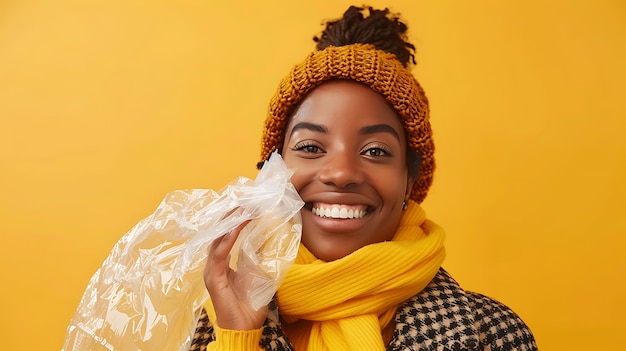 Joven y hermosa mujer afroamericana sonriente sosteniendo una bolsa de plástico transparente sobre un fondo amarillo