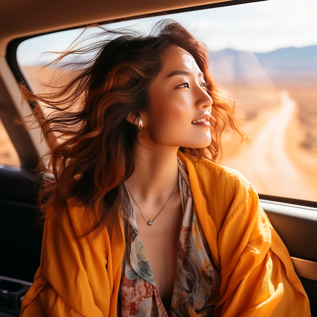 Una joven y hermosa mujer asiática de cabello largo viaja en un coche y mira por la ventana
