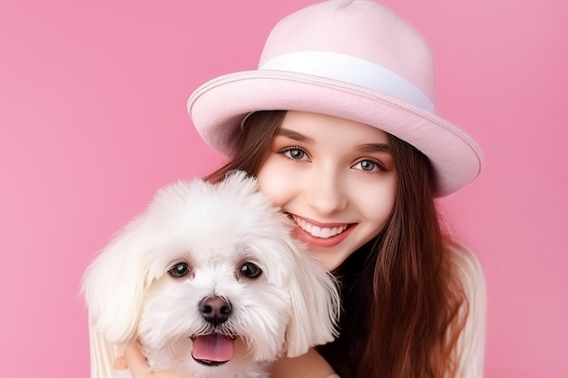 Joven hermosa mujer asiática con un cachorro de Maltipoos blanco en un sombrero sobre fondo rosa