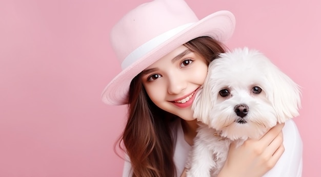 Foto joven hermosa mujer asiática con un cachorro de maltipoos blanco en un sombrero sobre fondo rosa