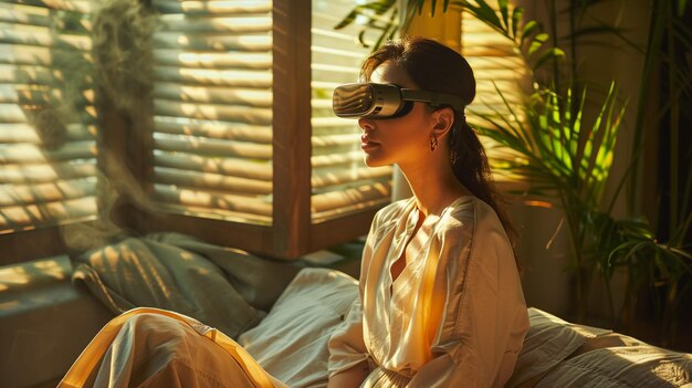 Joven y hermosa mujer con auriculares de realidad virtual y experimentando el concepto de tecnología futurista de realidad virtual