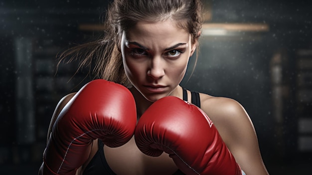 Joven y hermosa mujer boxeadora con guantes de boxeo rojos lista para pelear en el gimnasio IA generativa