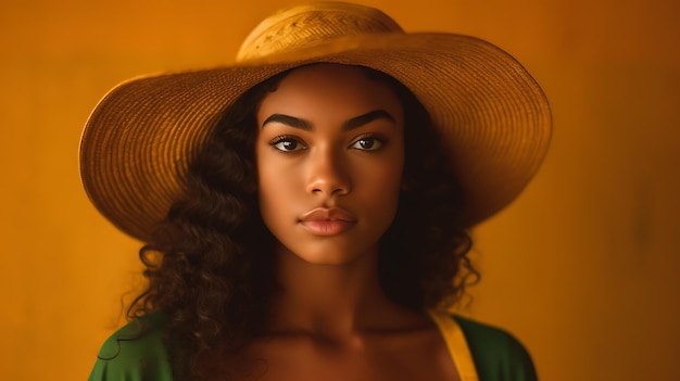 Joven hermosa mujer brasileña con un vestido largo verde Retrato de una mujer joven Ai Generativo