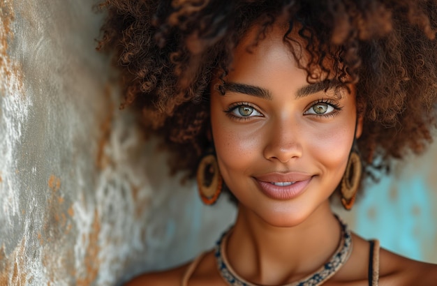 joven hermosa mujer con cabello afro hermosa persona sonriendo en el estudio