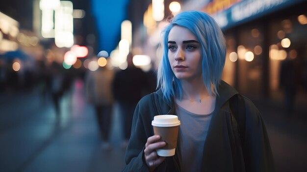 joven y hermosa mujer de cabello azul en la calle nocturna de la ciudad sosteniendo una taza de café de cartón Red neuronal generada en mayo de 2023 No basada en ninguna escena o patrón de persona real