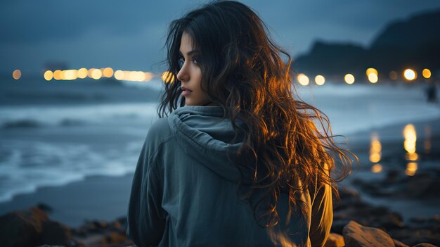 Joven hermosa mujer con cabello oscuro foto de estudio hecha con herramientas de IA generativa