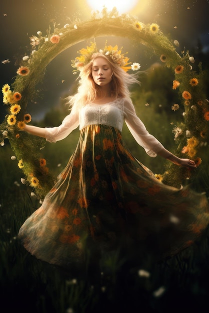 Foto joven y hermosa mujer con una corona de flores en un prado soleado corona floral símbolo del solsticio de verano bruja verde