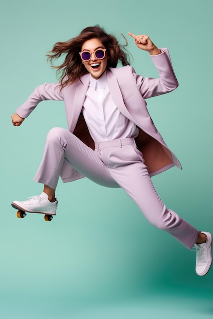 Joven hermosa mujer divertida con gafas con traje gris claro y zapatillas saltando con el monopatín sobre fondo de estudio de color