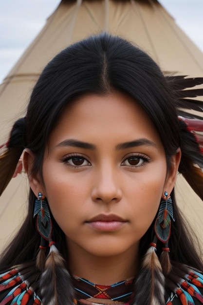 Foto joven hermosa mujer india nativa americana con ropa tradicional