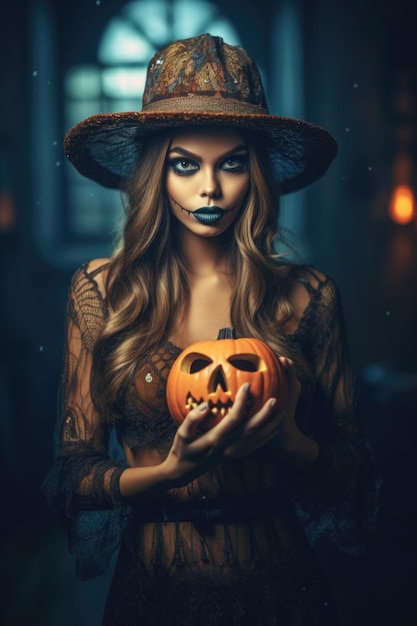 joven hermosa mujer con maquillaje espeluznante disfrazado de bruja de halloween usa brujas