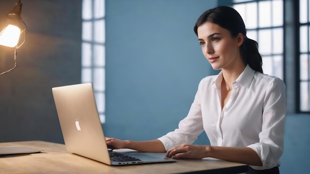 Joven y hermosa mujer de negocios con cabello corto y oscuro en camisa blanca trabajando felizmente en una computadora portátil sobre azul