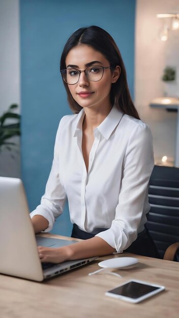 Joven y hermosa mujer de negocios con cabello corto y oscuro en camisa blanca trabajando felizmente en una computadora portátil sobre azul