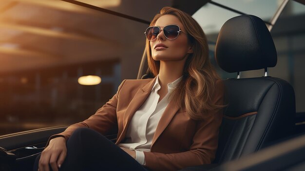 una joven y hermosa mujer de negocios sentada en su elegante coche que irradia confianza y estilo