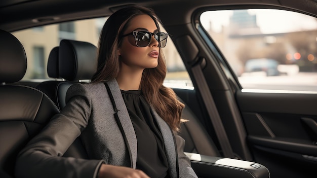una joven y hermosa mujer de negocios sentada en su elegante coche que irradia confianza y estilo