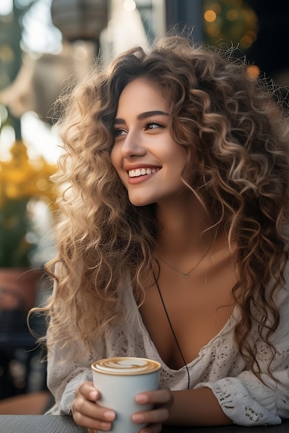 Joven y hermosa mujer con el pelo largo y rizado disfrutando de un capuchino IA generativa