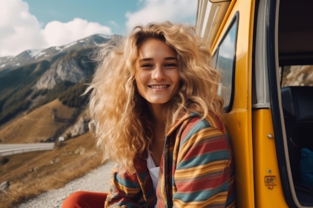 Joven hermosa mujer rubia sonriente con cabello rizado de pie cerca de una furgoneta retro en las montañas