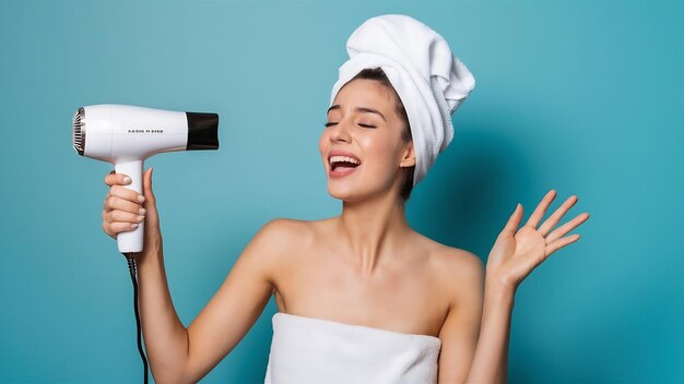 Foto joven y hermosa mujer con toalla cantando con secador de pelo