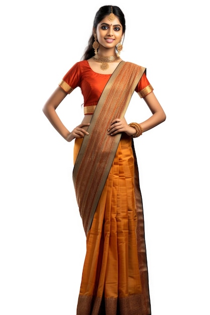Joven y hermosa niña india usa sari y joyas