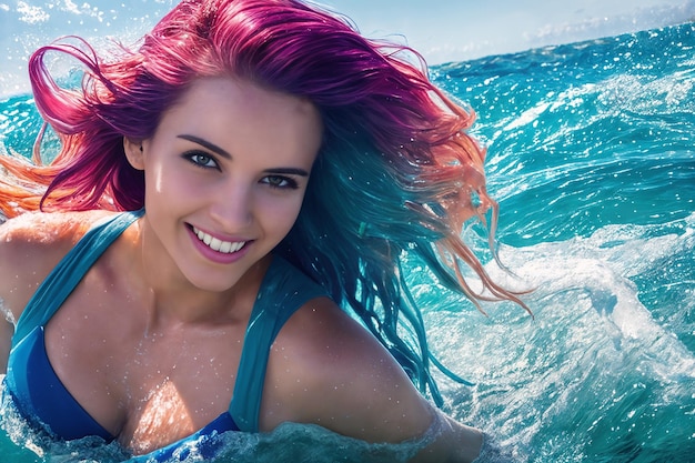 Una joven y hermosa niña sonriente con un traje de baño azul y el pelo morado está de pie en la playa entre las olas del mar hasta el pecho en el agua El viento sopla el peinado AI generativa