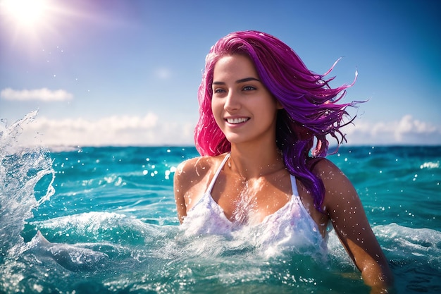 Una joven y hermosa niña sonriente con un traje de baño blanco y el pelo morado está parada en la playa entre las olas del mar hasta el pecho en el agua El viento sopla el peinado AI generativa