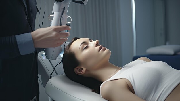 Una joven y hermosa paciente recibe un procedimiento de hardware de una esteticista en una clínica de cosmetología utilizando equipos de alta frecuencia