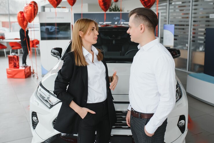 Foto joven hermosa pareja feliz comprando un coche. marido comprando un coche para su esposa en un salón. concepto de compra de coches.