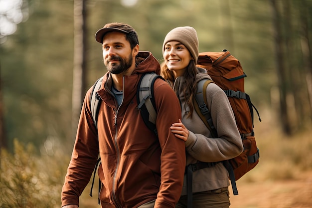 Una joven y hermosa pareja con mochilas de senderismo van de excursión.