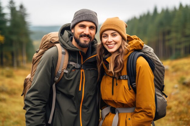 Una joven y hermosa pareja con mochilas de senderismo van de excursión.