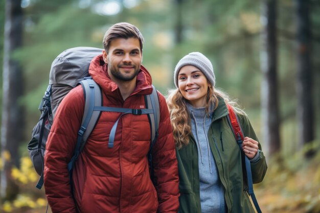 Una joven y hermosa pareja con mochilas de senderismo van de excursión.