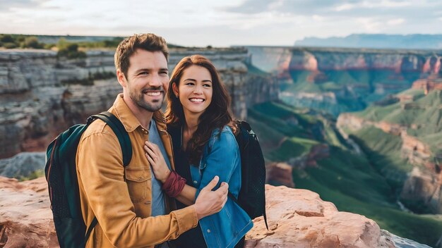 Foto joven y hermosa pareja de viajeros disfrutando de la vista del cañón sonriendo
