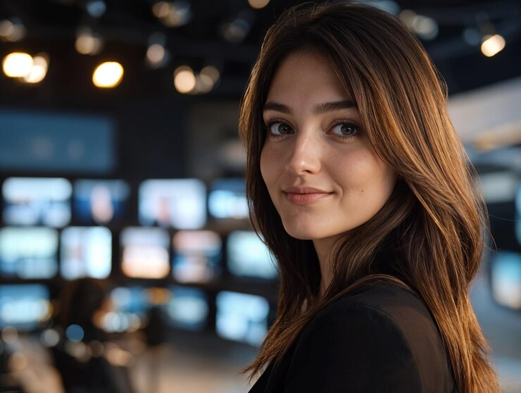 Una joven y hermosa periodista en el estudio